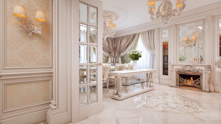 Белая гостиная с резным камином и декорированной зеркальной панелью