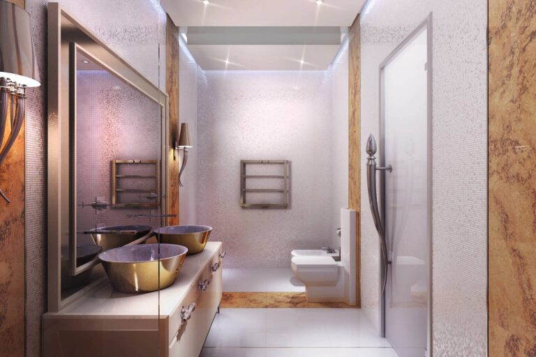 Дизайн санузла в серебристо-коричневых тонах