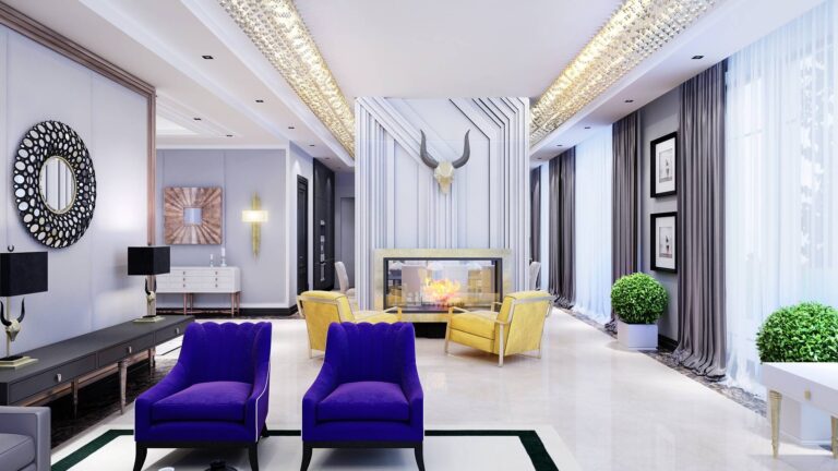 Дизайн гостиной с оригинальной подстветкой и яркой мягкой мебелью