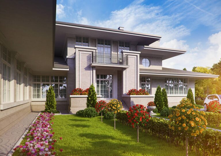 Декоративные растения на участке перед домом палевого цвета в стиле прерий