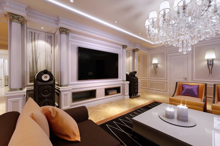 Фото светлого интерьера гостиной с темными ковром и мебелью