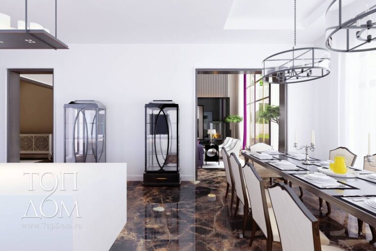 Большой стол в интерьере светлой столовой