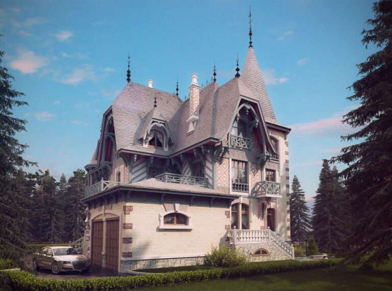 Правая часть фасада с открытой террасой и гаражом