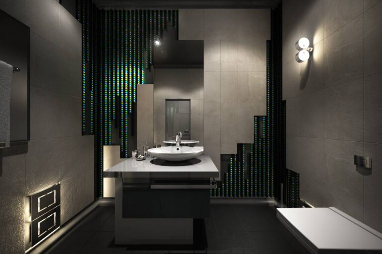 Сочетание серых и зеленых оттенков в дизайне ванной