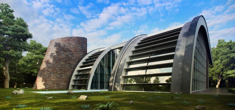 Зеркальное стекло в светлой отделке и кирпич в левом фасаде дома