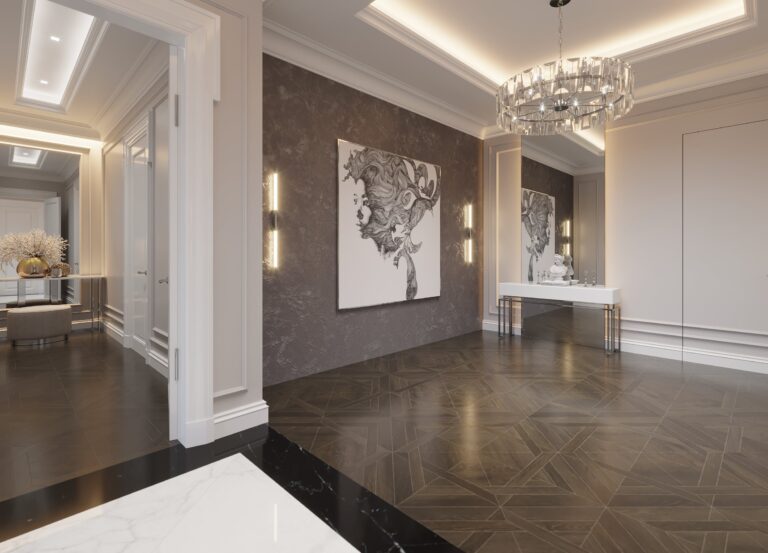 Дизайн холла с паркетными и каменными полами