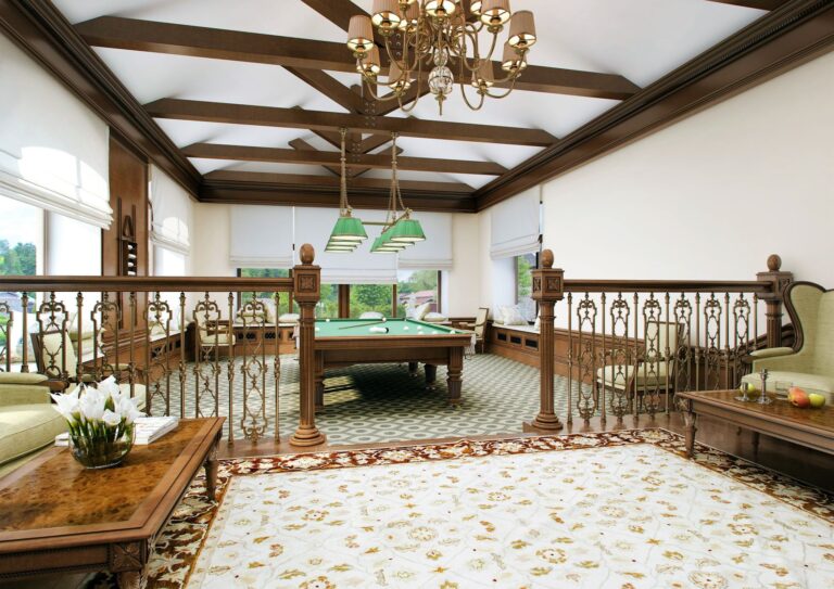 Зона отдыха с белым декорированным ковром в контрастной окантовке