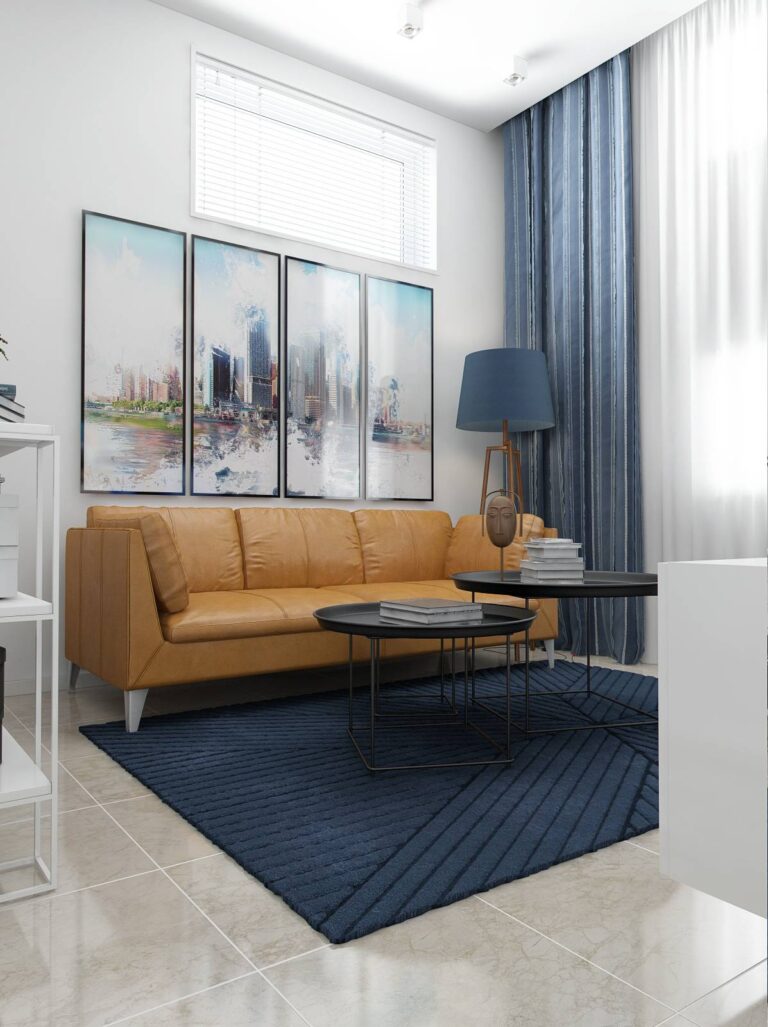 Белая гостиная с акцентами синего и светло-коричневого цвета