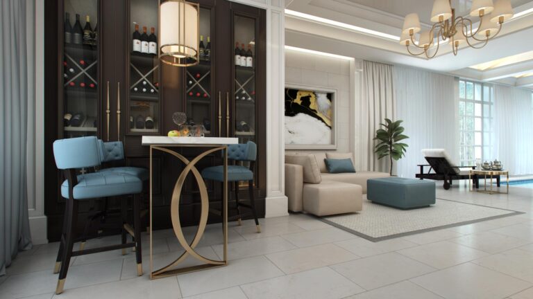 Мягкие голубые стулья в дизайне бара