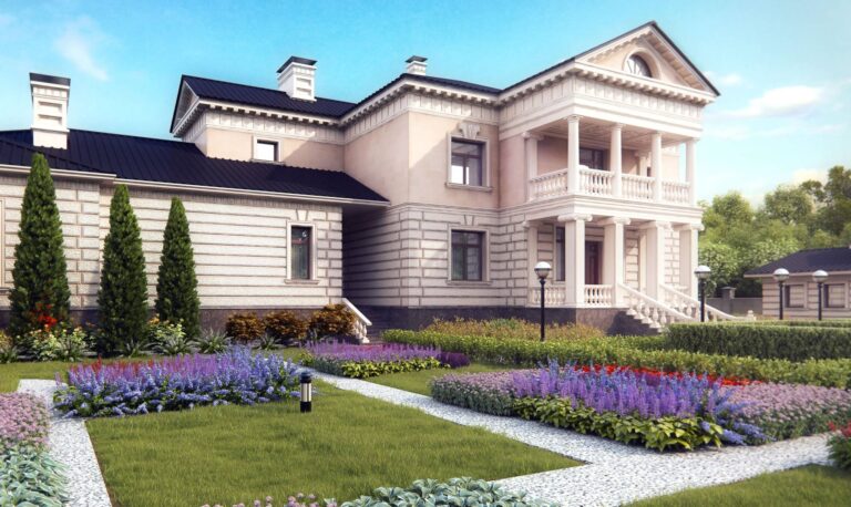 Дизайнерское оформление участка перед фронтальным фасадом дома