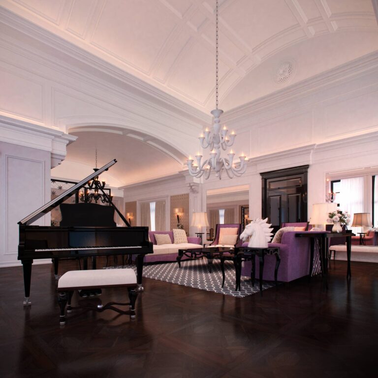 Классический дизайн гостиной с арочным потолком с молдингами