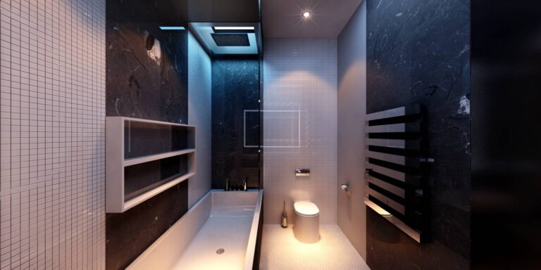 Светлая мозаичная кладка и черный натуральный камень в оформлении санузла