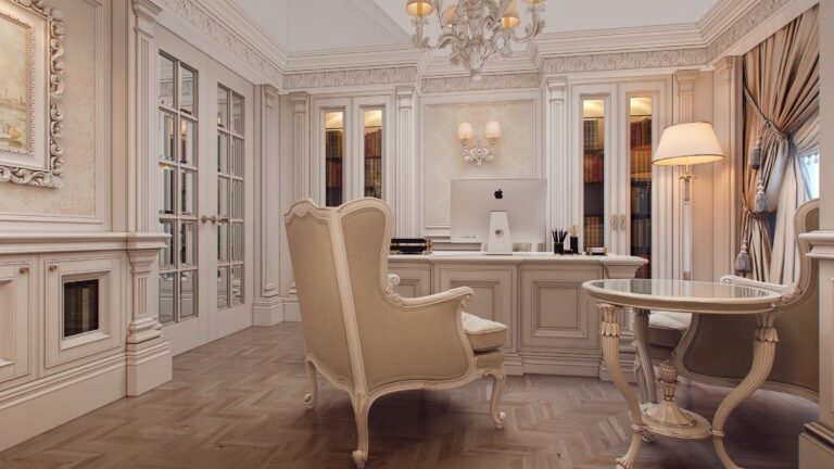 Застекленные книжные встроенные шкафы в интерьере классического кабинета