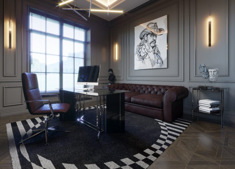 Стеклянно-металлический стол в интерьере кабинета