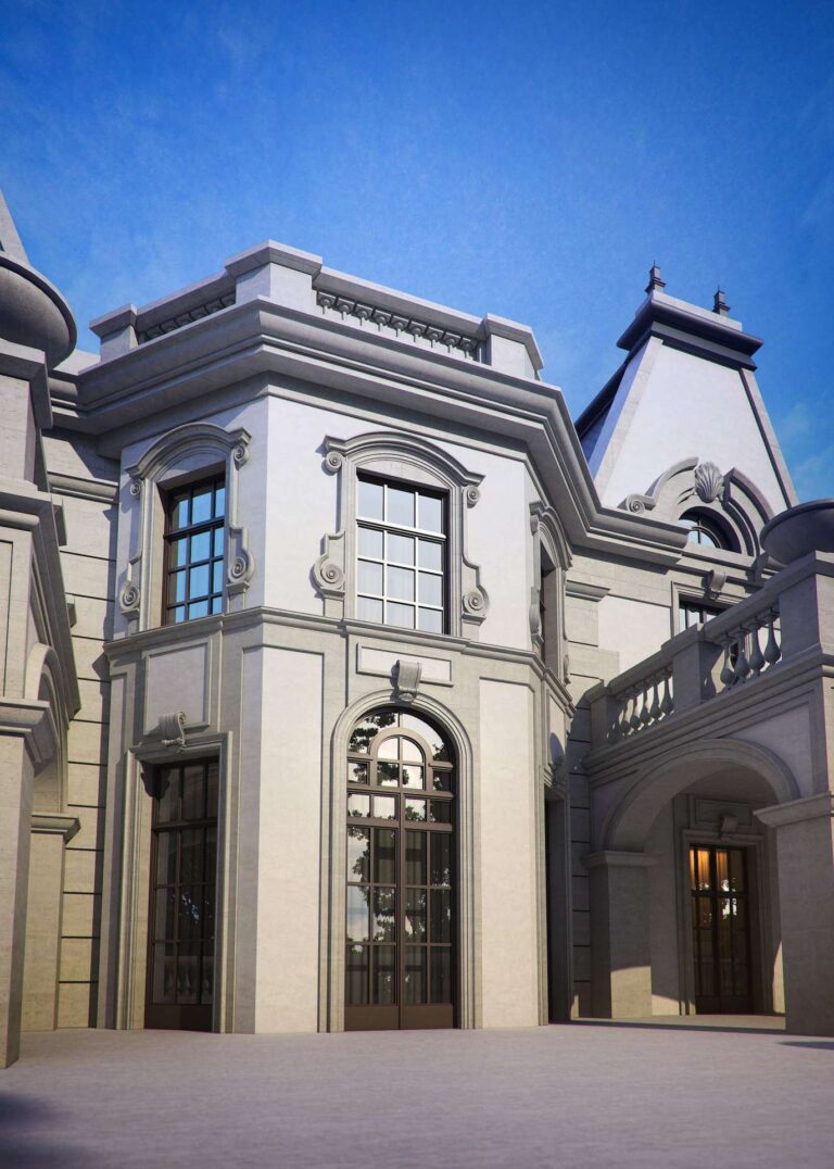 Арочные двери и решетчатые французские окна эркера