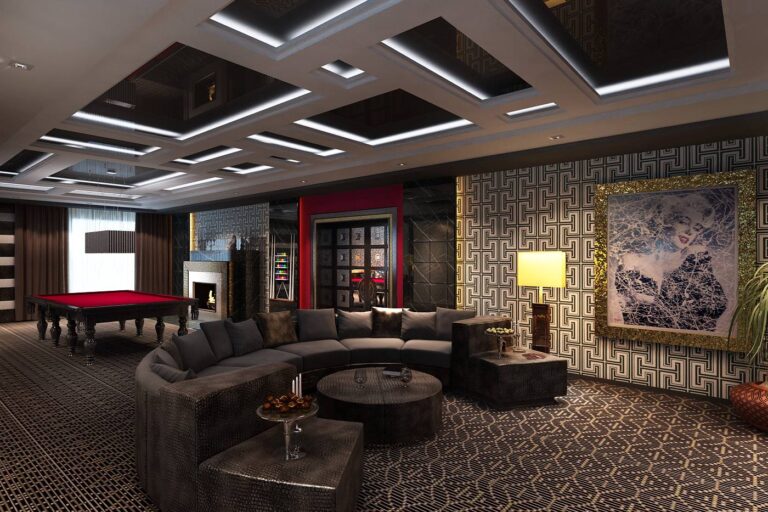 Оригинальный дизайн гостиной с фигурной подсветкой потолка