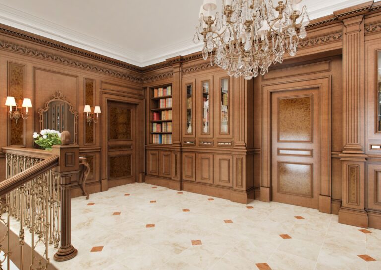 Дизайн-проект холла с открытым и застекленным книжным шкафом