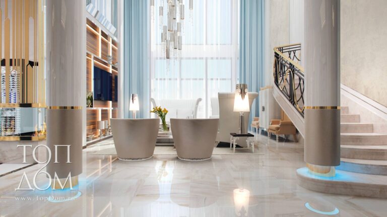 Золотой оттенок в оформлении дизайна белой гостиной