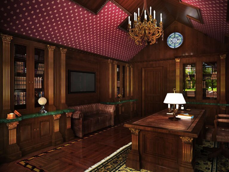 Благородный интерьер кабинета с позолоченными пилястрами