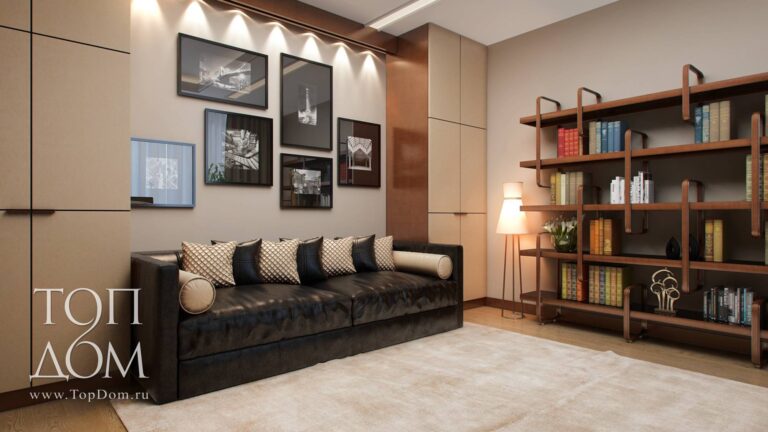 Интерьер кабинета с дизайнерскими стеллажами
