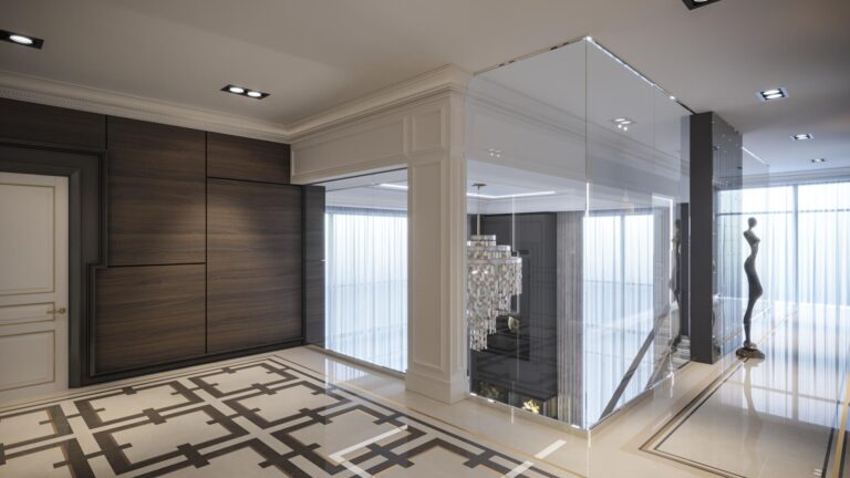 Стеклянные и темно-коричневые стены в интерьере холла