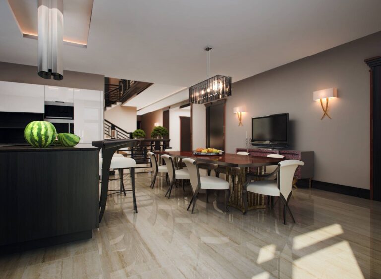 Элегантный дизайн столовой с бело-коричневыми стульями