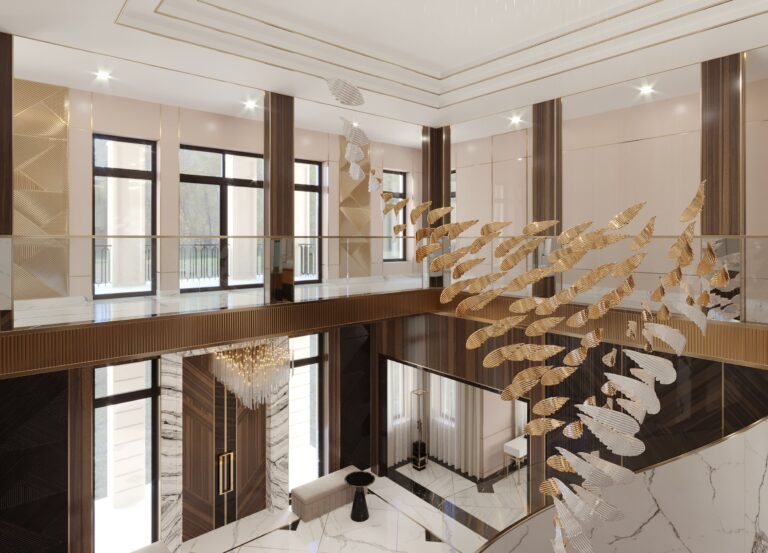 Дизайн бежево-золотой люстры в виде косяка рыб