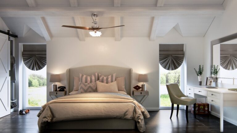 Современная серая спальня в мансарде