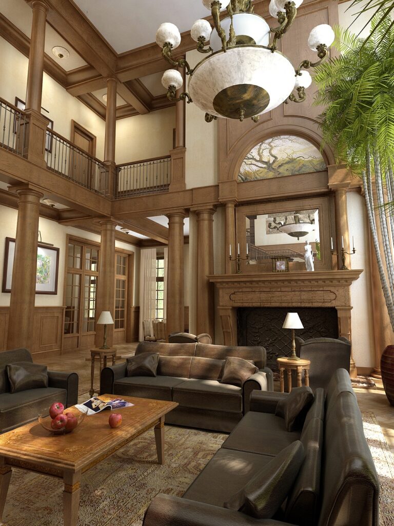 Панели коричневого дерева в интерьере гостиной