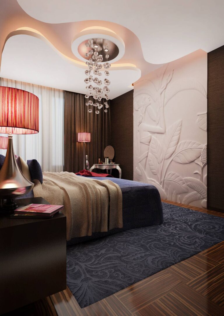 Интерьер спальни с большим настенным рисунком