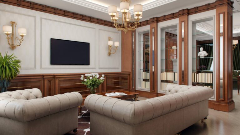 Люстра и бра в дизайне интерьера классической гостиной