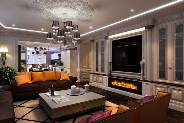 Благородный интерьер гостиной с камином декоративного назначения