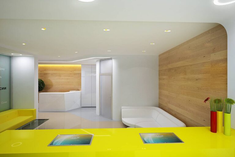 Фото оформление дизайна приемной офиса в желтом тоне