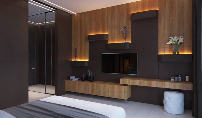 Внутренняя подсветка деталей интерьера в дизайне спальни