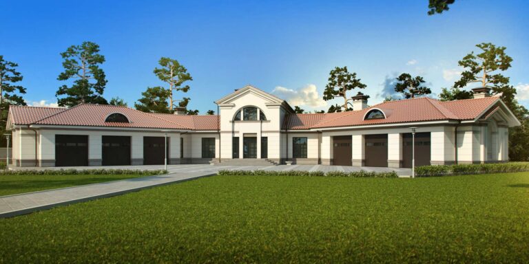 Светлая и темная отделка в фасаде загородного дома с панорамными окнами и окнами-щепками