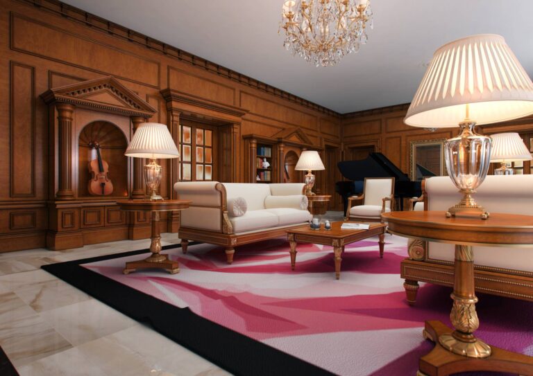 Оформление классической гостиной деревянными настенными панелями