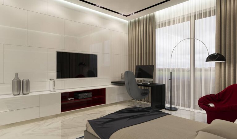 Черный письменный стол в дизайне спальни в песочно-серых тонах