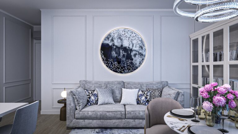 Серые оттенки в интерьере гостиной-столовой