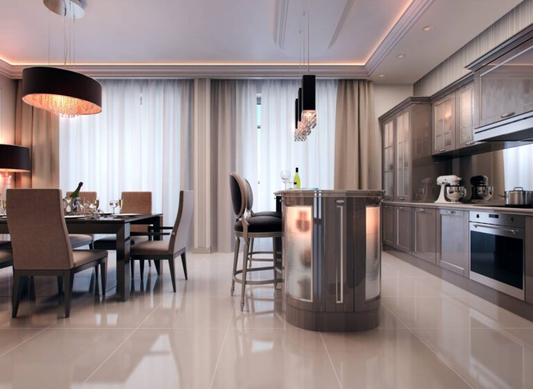 Бело-коричневые шторы в оформлении столовой и кухни