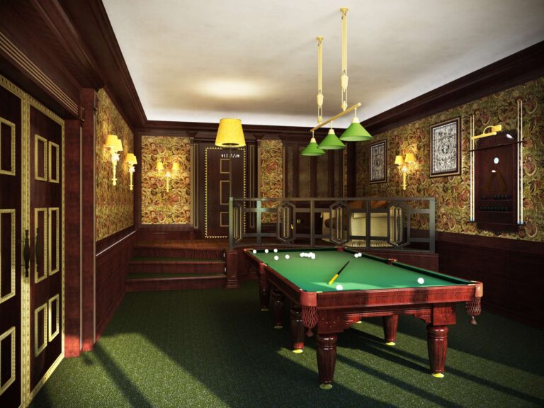 Красное дерево и золотистый узор стен в дизайне бильярдной