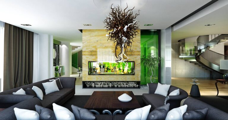 Эффектный интерьер гостиной с объемной коричневой люстрой