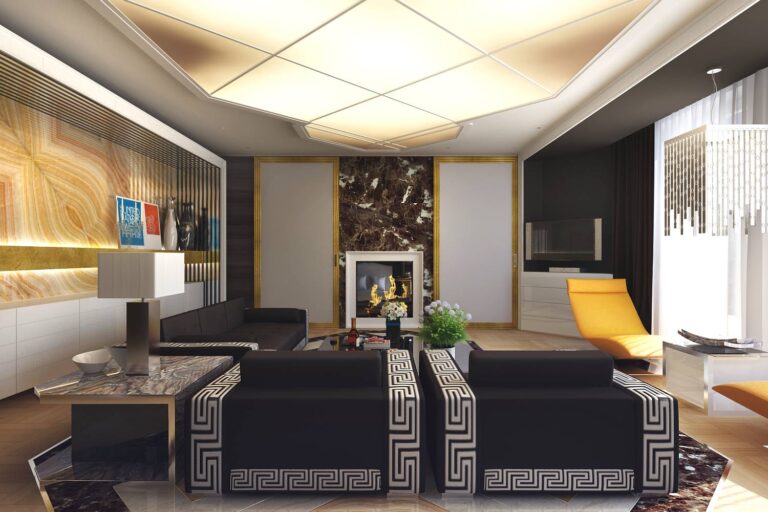 Матовые перегородки с золотистым кантом в оформлении черно-белой гостиной