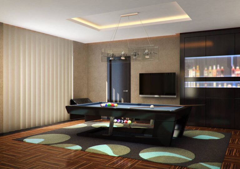 Коричневый ковер с крупными шарами в интерьере бильярдной