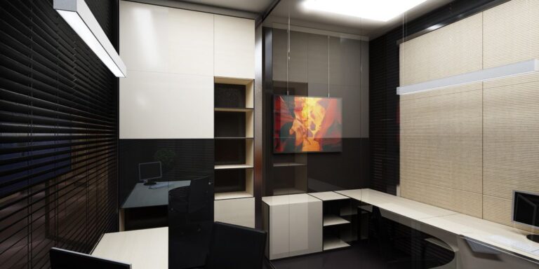 Дизайн рабочего кабинета в светло-темном цвете