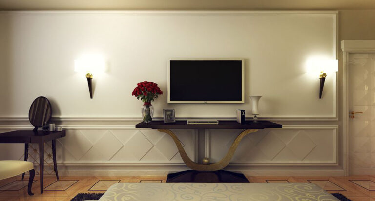 Белая рельефная панель с узором для подвесного телевизора в оформлении спальни