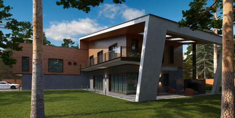 Дерево и стекло во внутреннем фасаде дома со скошенной крышей