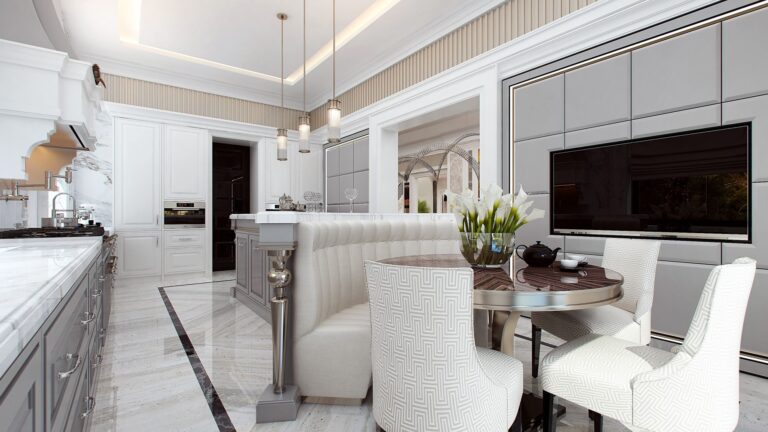 Светло-серая кухонная стена со встроенной ТВ-панелью