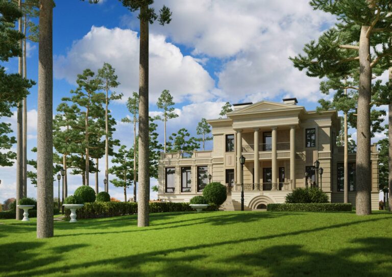 Портик с колоннами и балконом  на переднем фасаде дома в светлой отделке и кирпиче