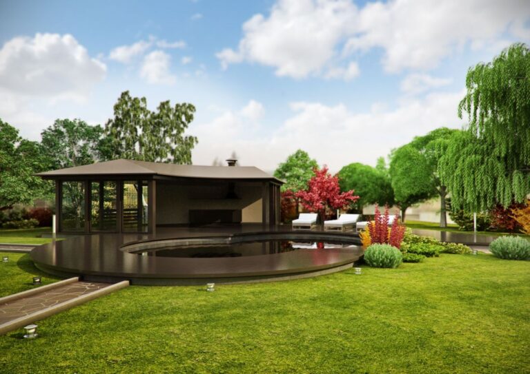 Дизайн открытого бассейна в коричневых тонах