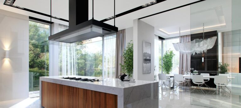 Белые тона в интерьере кухни и столовой в доме